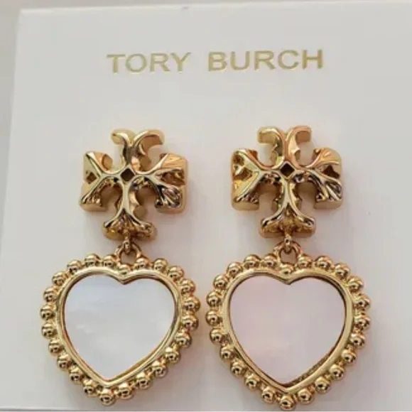 Tory Burch Gold Heart Drop Earrings with White Inlay - Picture 4 of 7